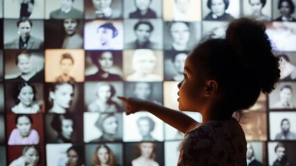 little black girl looks at a large screen on which historical photos of famous women are displayed