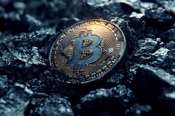Bitcoin cryptocurrency representation with a coal mining concept