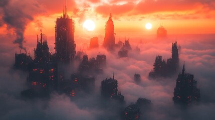 Futuristic City Skyline Above Clouds at Sunset
