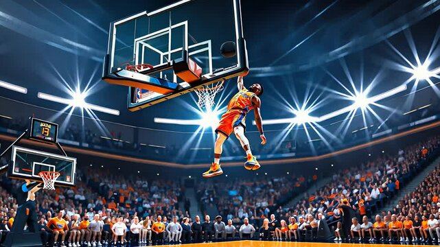 Basketball Player Performing a Slam Dunk in a Packed Stadium Under Bright Lights During a High-Energy Game

