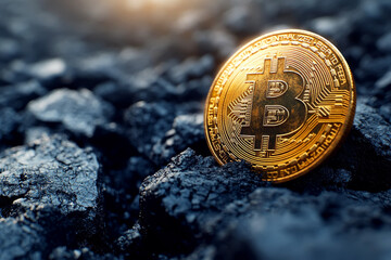 Bitcoin cryptocurrency representation with a coal mining concept