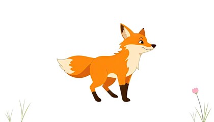 Obraz premium Orange fox walking in meadow, nature background, children's book illustration