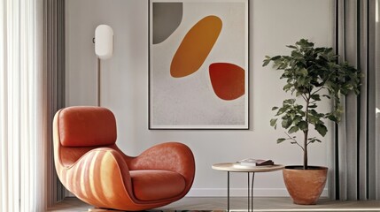 Modern minimalist interior, curved orange sofa, abstract art print, large potted plant, wooden side table, circular wall mirror, sunlit room, white walls, warm tones, cozy living space, organic shapes