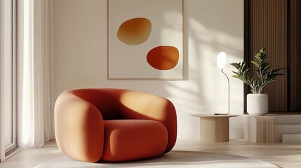 Modern minimalist interior, curved orange sofa, abstract art print, large potted plant, wooden side table, circular wall mirror, sunlit room, white walls, warm tones, cozy living space, organic shapes