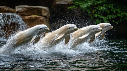 Fototapeta premium Joyful Dolphins Leaping in Synchrony