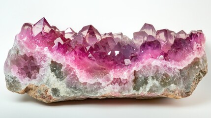 Pink amethyst geode cluster with crystals on white background.