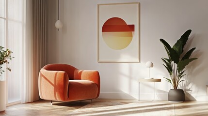 Modern minimalist interior, curved orange sofa, abstract art print, large potted plant, wooden side table, circular wall mirror, sunlit room, white walls, warm tones, cozy living space, organic shapes