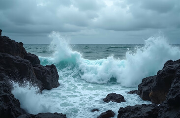 Fototapeta premium AI-generated dramatic scene of stormy ocean waves crashing on rocks