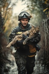 Fototapeta premium Rescue workers provide urgent care by carrying injured animals through a forested area during emergency operations