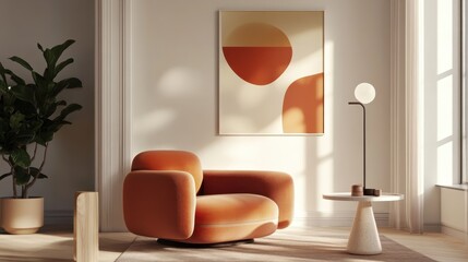 Modern minimalist interior, curved orange sofa, abstract art print, large potted plant, wooden side table, circular wall mirror, sunlit room, white walls, warm tones, cozy living space, organic shapes