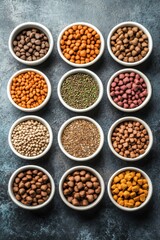 Exploring sustainable practices in pet food with a variety of organic and natural ingredients showcased in multiple small bowls