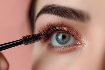 Close up of eye makeup. Applying mascara on lushes of young woman getting make up with brush by make up artist on pink background