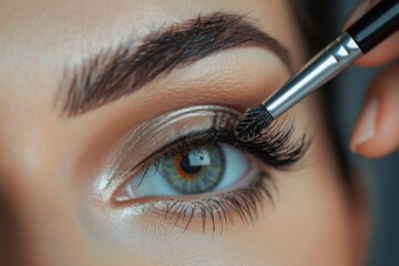 Close up of eye makeup. Applying mascara on lushes of young woman getting make up with brush by make up artist