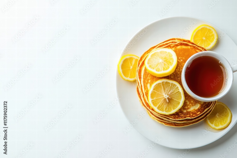 Poster fluffy pancakes topped with fresh lemon slices served with a warm cup of tea on a clean white surfac