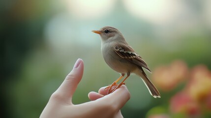 Bird perched on a finger evokes trust and connection while symbolizing harmony and freedom in a serene outdoor setting