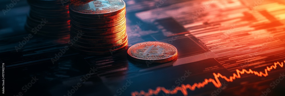 Poster stack of golden bitcoins is lying on a stock market chart showing negative trend, suggesting cryptoc