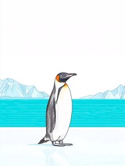 Obraz premium Majestic King Penguin Illustration: Standing Proudly Against a Teal Antarctic Landscape. AI Generated
