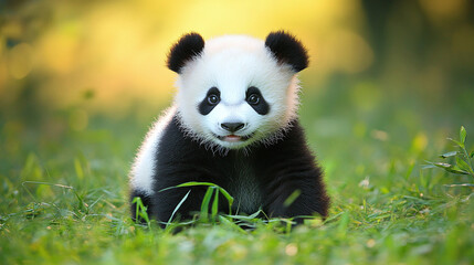Fototapeta premium Cute beautiful adorable sweet little small black white baby panda bear in nature. china mammal child kid, wildlife, sitting, fluffy creature.