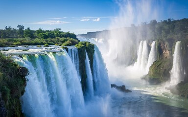 Fototapeta premium Wild Iguazu Falls, Brazil, Majestic waterfalls cascading over lush green cliffs into a vibrant river.