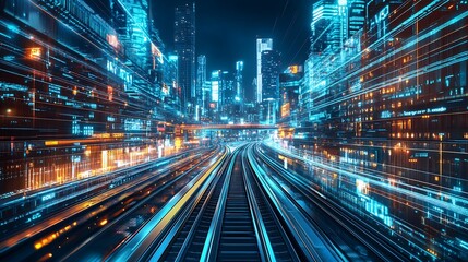 neon city with high-speed train glowing in night lights