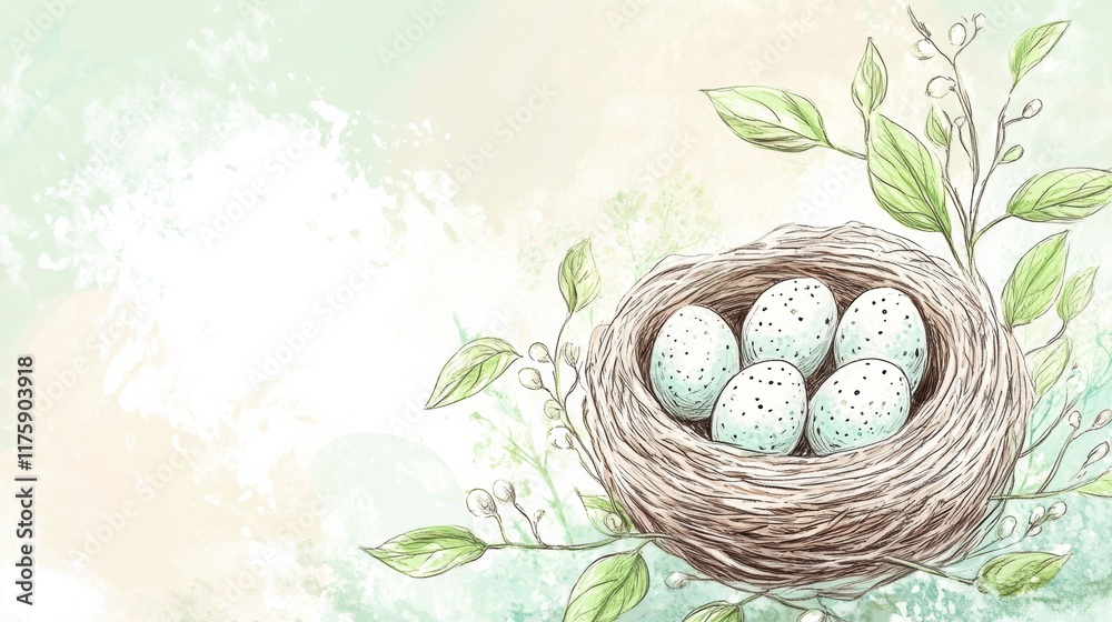 Poster hand drawn doodle of a cozy nest with speckled eggs resting among leafy branches. generative ai