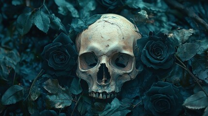 Eerie Skull Surrounded by Dark Roses