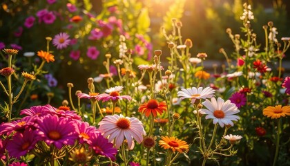 Colorful flower garden in sunlight; vibrant blooms; sunny day; garden display; nature backdrop; beautiful flowers