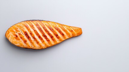 Grilled salmon steak with grill marks, white background, minimalistic food composition, isolated on white, top view, healthy eating and protein-rich diet concept