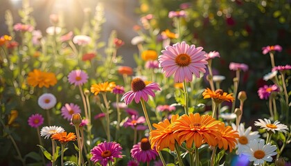 Obraz premium Colorful flowers in garden sunlight. Possible use for a nature scene