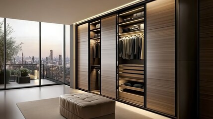 Large modern wardrobe, sliding glass doors, wood paneling, organized clothing storage, built-in shelving, minimalist design, spacious walk-in closet, natural lighting, beige tones, contemporary interi