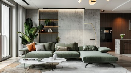 Modern L-shaped sofa with chaise longue in sage green fabric