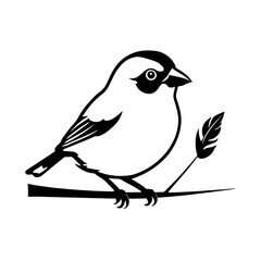 Black and white illustration of a bird perched on a branch with a leaf