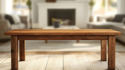 An empty wooden table provides a perfect setting for product display against a blurred living room background in a - HD and realistic