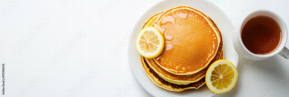 Poster delicious pancakes topped with honey and served with lemon slices and tea in a cozy setting. generat