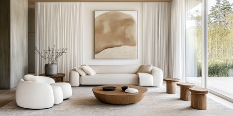 Minimalist living room, neutral color palette, white sofa, round wooden coffee tables, abstract beige artwork, textured white walls, natural light, floor-to-ceiling curtains, cozy atmosphere, earthy t