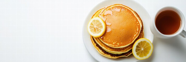 Delicious pancakes topped with honey and served with lemon slices and tea in a cozy setting. Generative AI