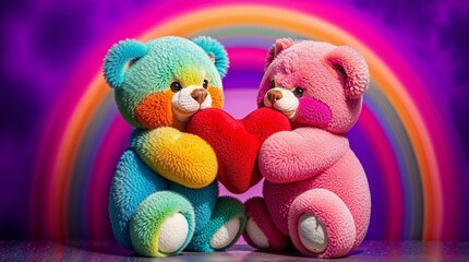A multiclored and pink Valentine diversity teddy bear holding red heart, on a rainbow backrgound
