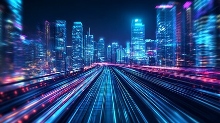 Fototapeta premium cyberpunk train tracks in neon city urban landscape