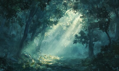 Obraz premium Misty Forest with Sunlight Breaking Through Trees