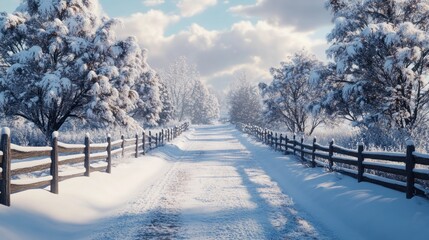 Snowy winter road scene with snow-covered trees and wooden fence.