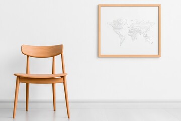 An elegant and eclectic dining room with a mock-up poster map, a shared table with stylish chairs, a gold pendant lamp, and a sophisticated sofa in the secondary area. The room has white walls,