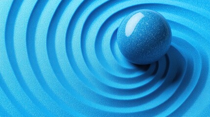 Blue sphere resting on a bed of blue sand with concentric circular ripples, creating a sense of tranquility and balance