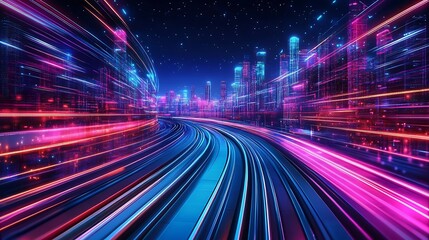 futuristic urban city at night with neon train tracks