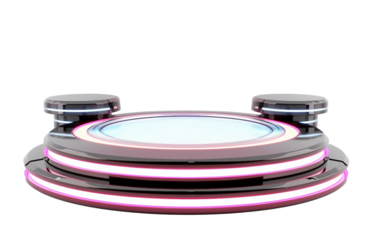 High-tech stage with a 3D podium backdrop, illuminated with futuristic lights for a modern platform display isolated on transparent background