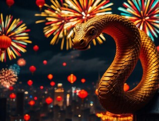 Fototapeta premium a golden snake against a background with fireworks and red lanterns, chinese new year 2025, year of the snake