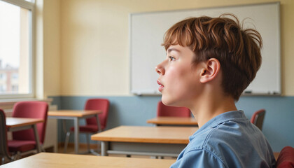 Young boy sitting in empty classroom, feeling unwell, reflection