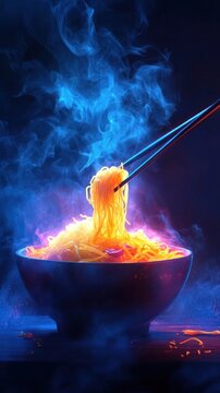 Steaming hot and savory bowl of spicy Asian noodles in a fiery broth with chopsticks dipping into the delectable dish