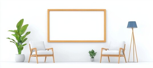 A living room setup featuring an empty frame mockup and two wooden chairs against a white wall