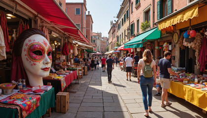 Vibrant market scene during Venice Carnival, festive celebration