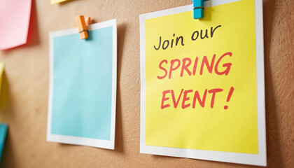 Bright spring event flyer pinned on bulletin board, community engagement